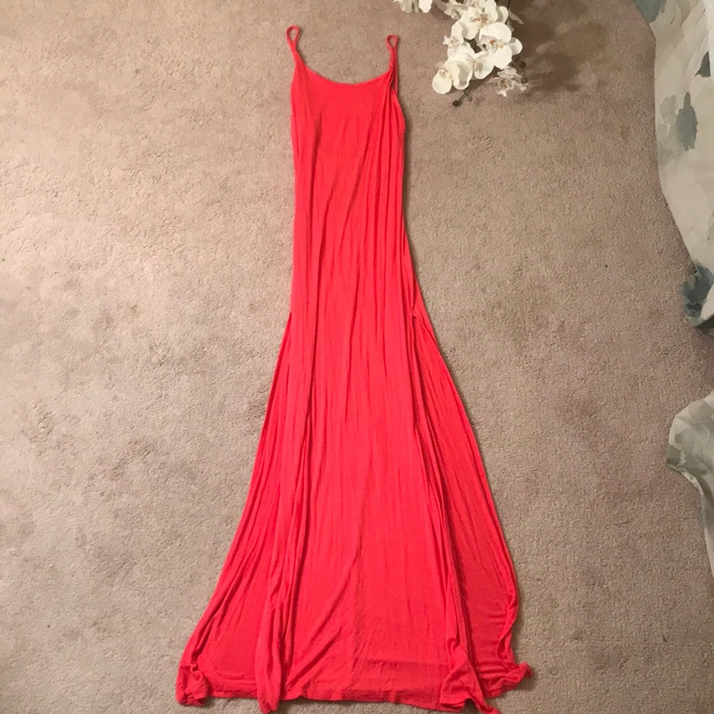 Coral maxi dress w/ cut out back + slits on sides